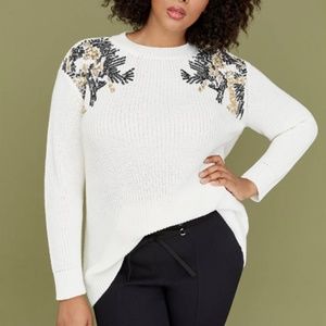 Ivory Sequin Embellished Crew Neck Sweater Plus Sz